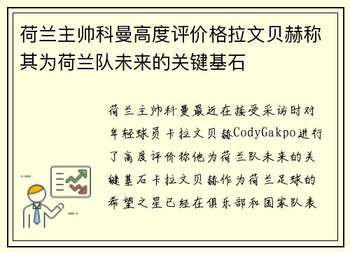 荷兰主帅科曼高度评价格拉文贝赫称其为荷兰队未来的关键基石