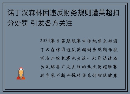 诺丁汉森林因违反财务规则遭英超扣分处罚 引发各方关注